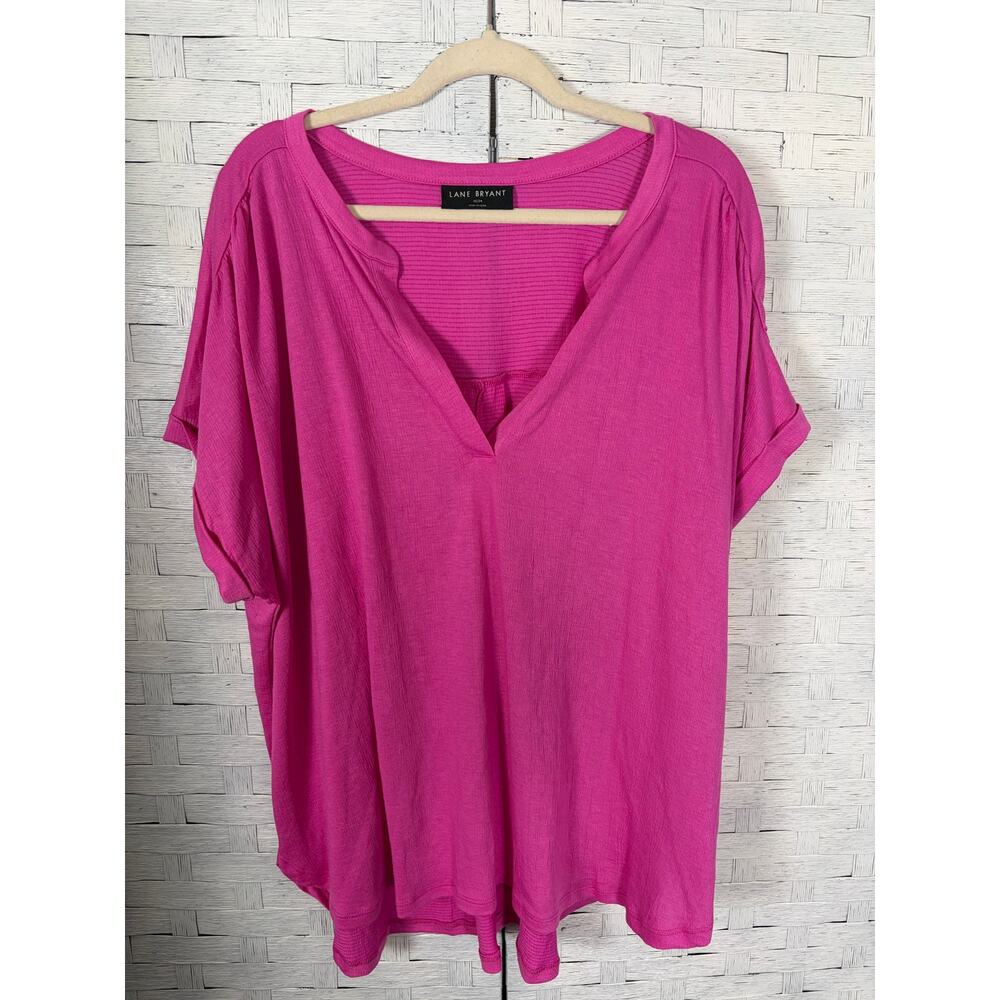 Lane Bryant womens V-neck T-shirt pink feminine ruched sleeves plus size